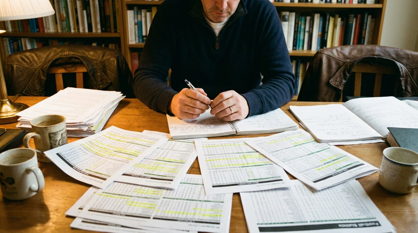 Persona che analizza appunti e statistiche di calcio su un tavolo prima della partita