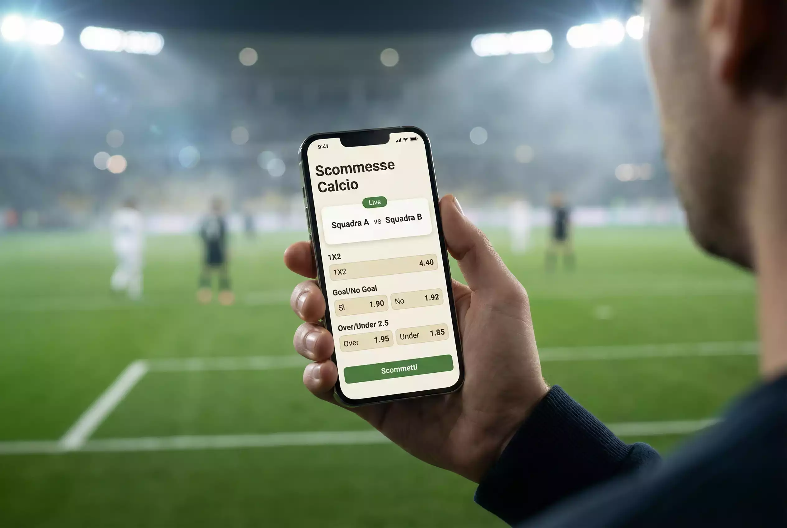 Smartphone con schermo luminoso tenuto in mano durante una partita di calcio allo stadio