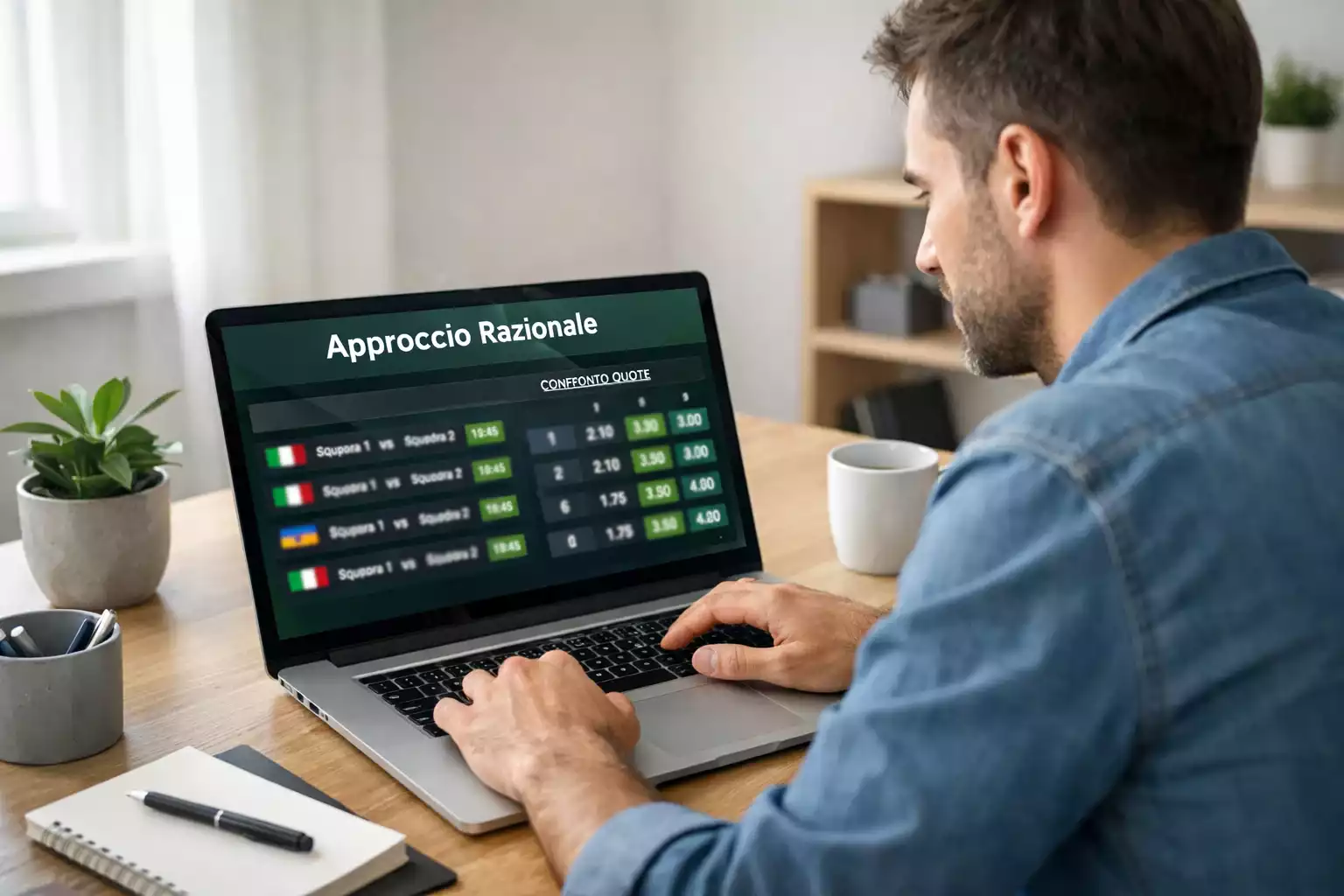 Uomo concentrato che analizza statistiche su laptop