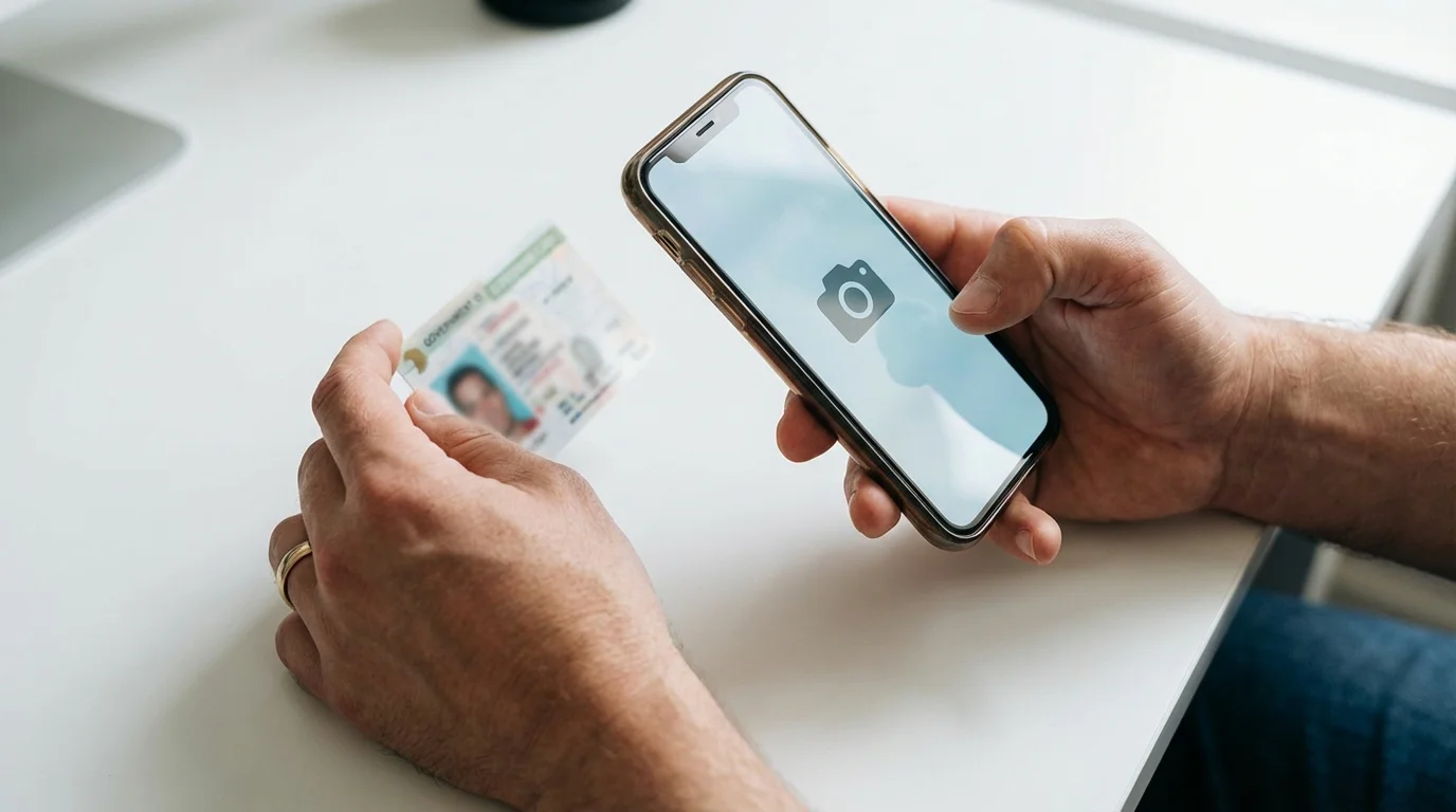 Persona che tiene un documento d'identità e uno smartphone per la verifica online