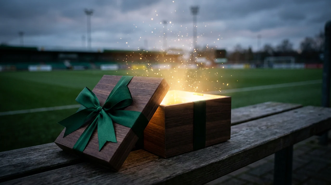 Pacco regalo aperto con luce dorata che esce su sfondo verde da campo sportivo