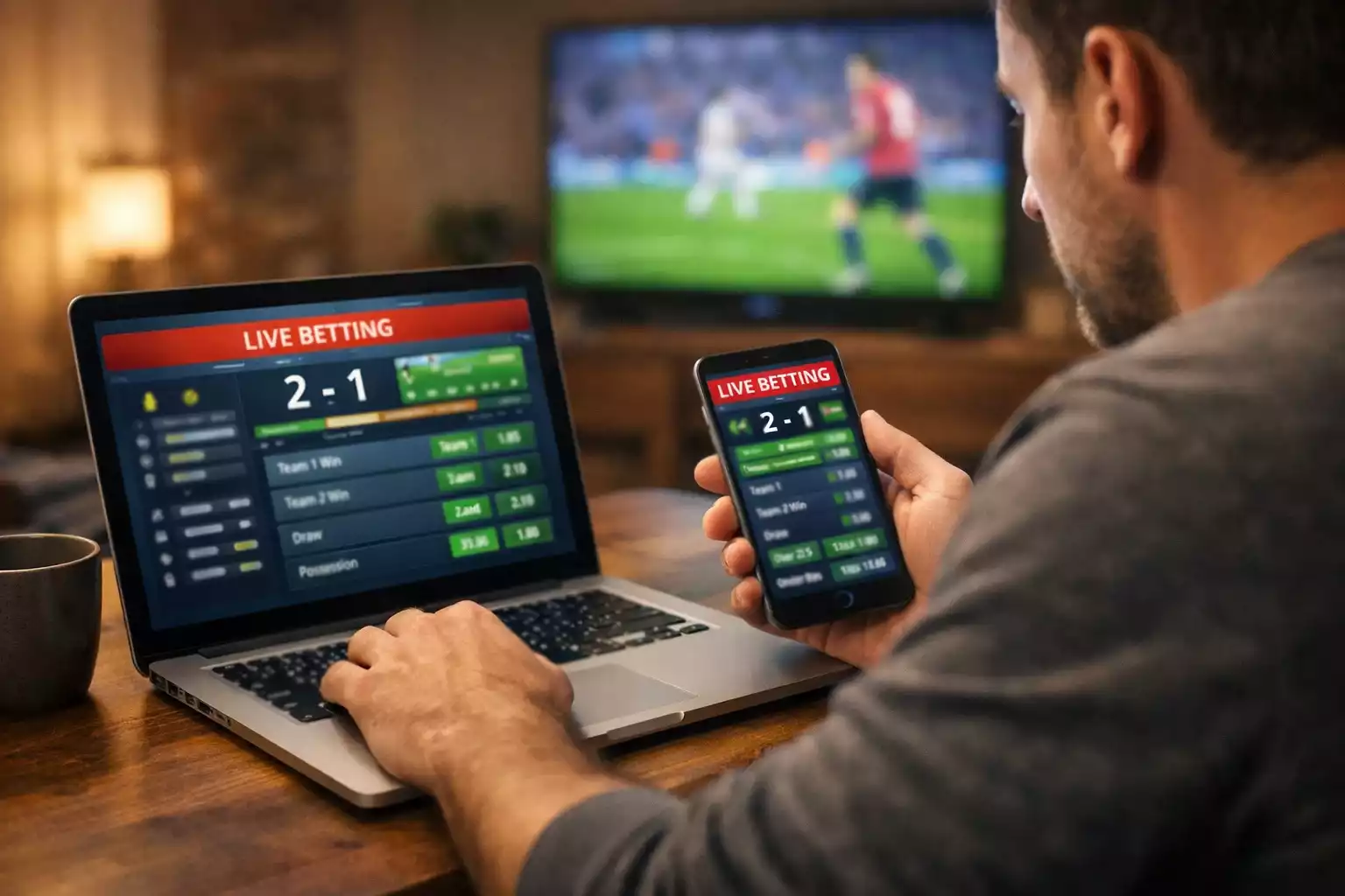 Persona usa laptop e smartphone per seguire partite multiple