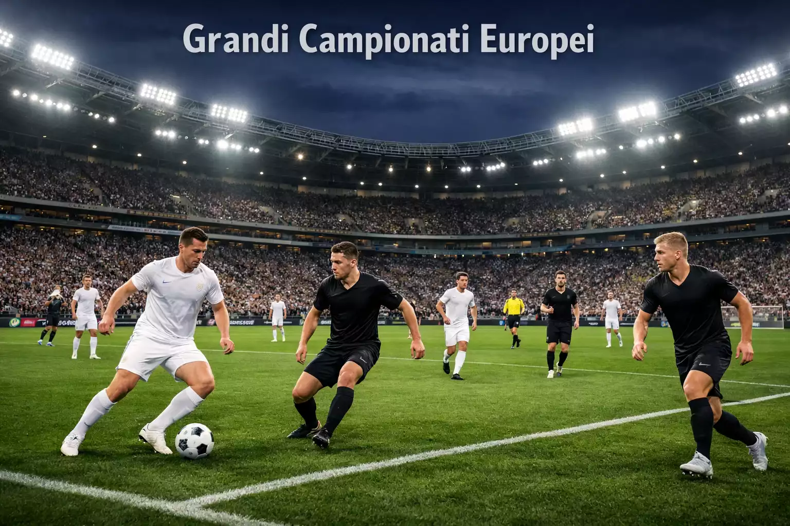 Stadio di calcio europeo durante una partita serale con spalti gremiti