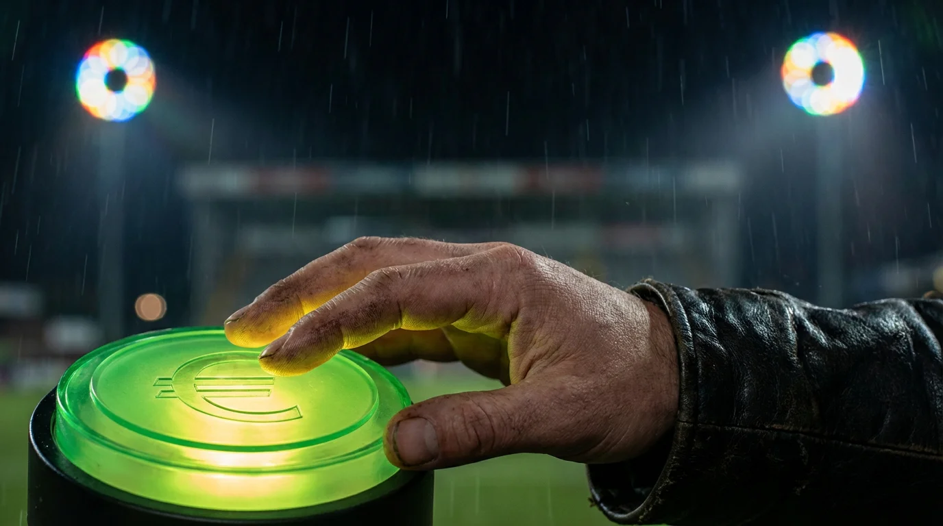 Mano che preme un pulsante verde luminoso con simbolo € su sfondo scuro di stadio