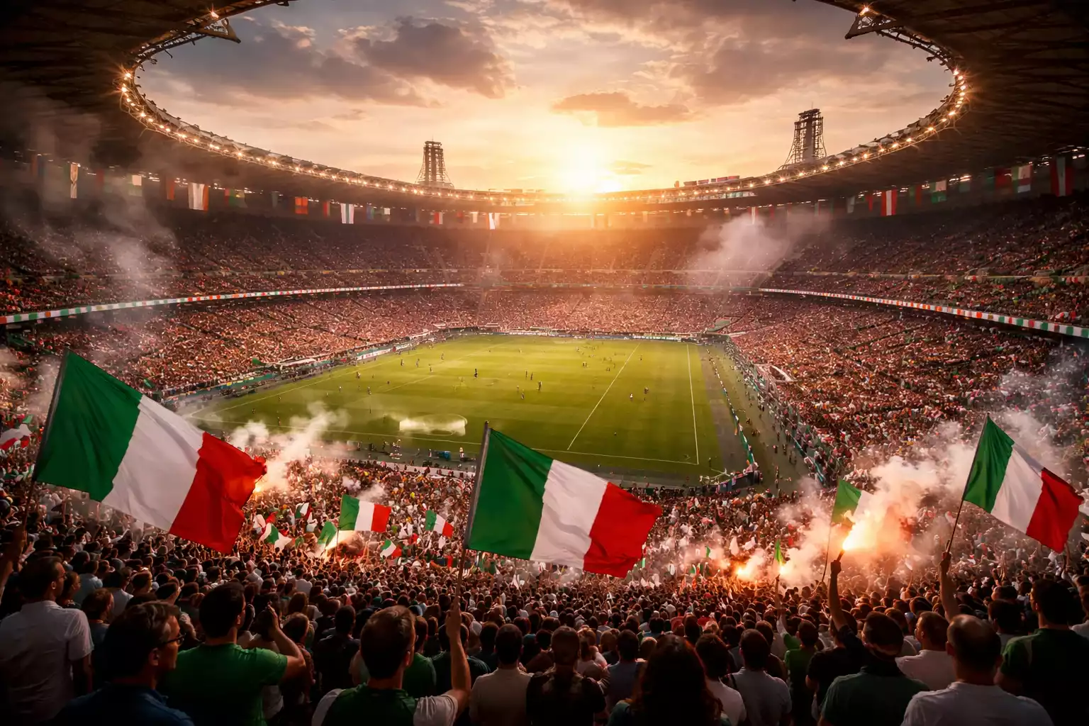 Veduta panoramica di uno stadio di calcio italiano al tramonto