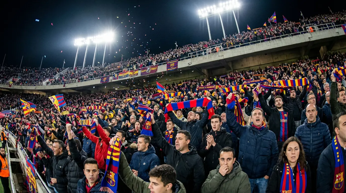 Tifosi di calcio allo stadio che esultano con sciarpe colorate durante una partita