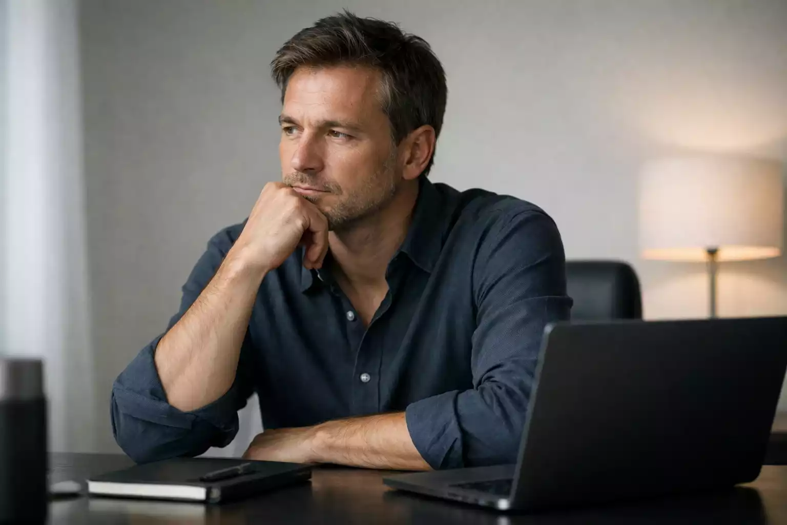 Persona riflette con espressione concentrata davanti a uno schermo