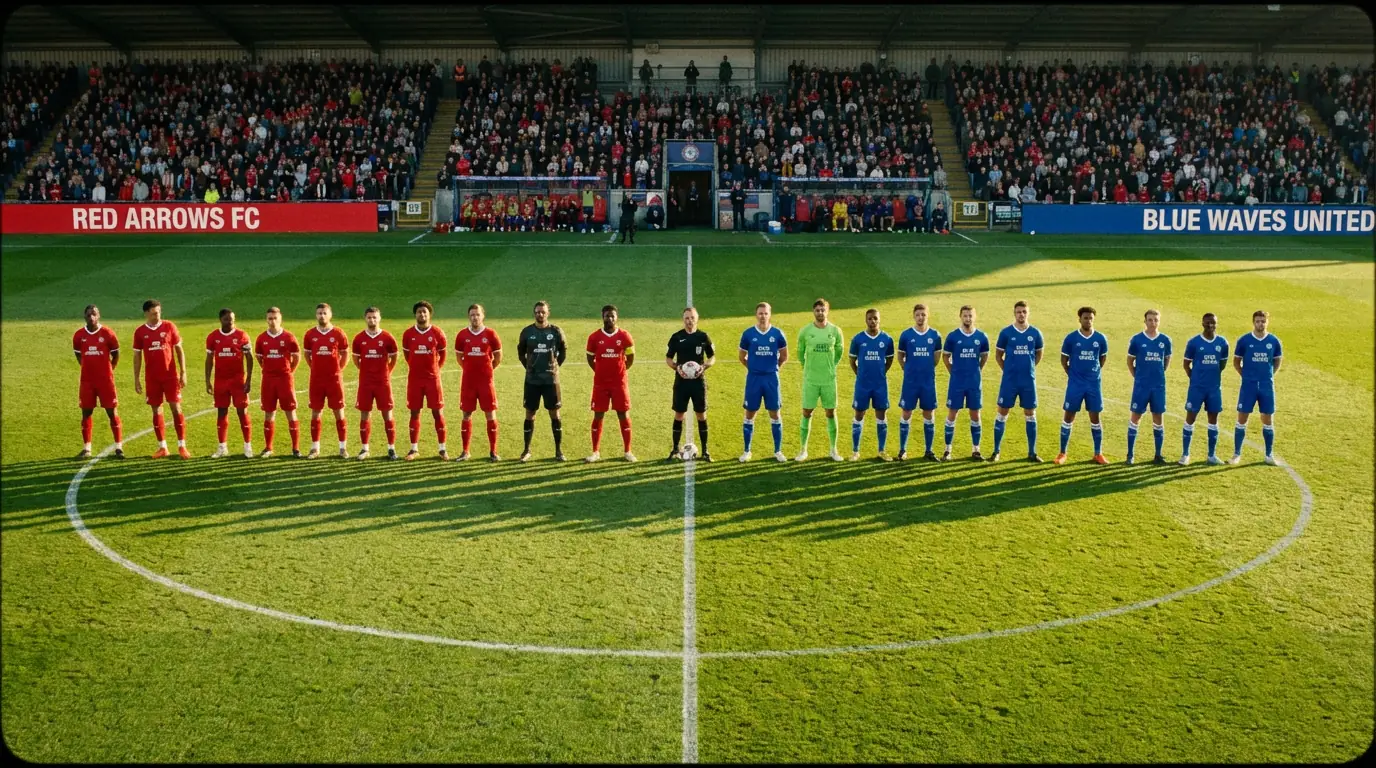 Due squadre di calcio schierate a centrocampo prima del fischio d'inizio su campo in erba