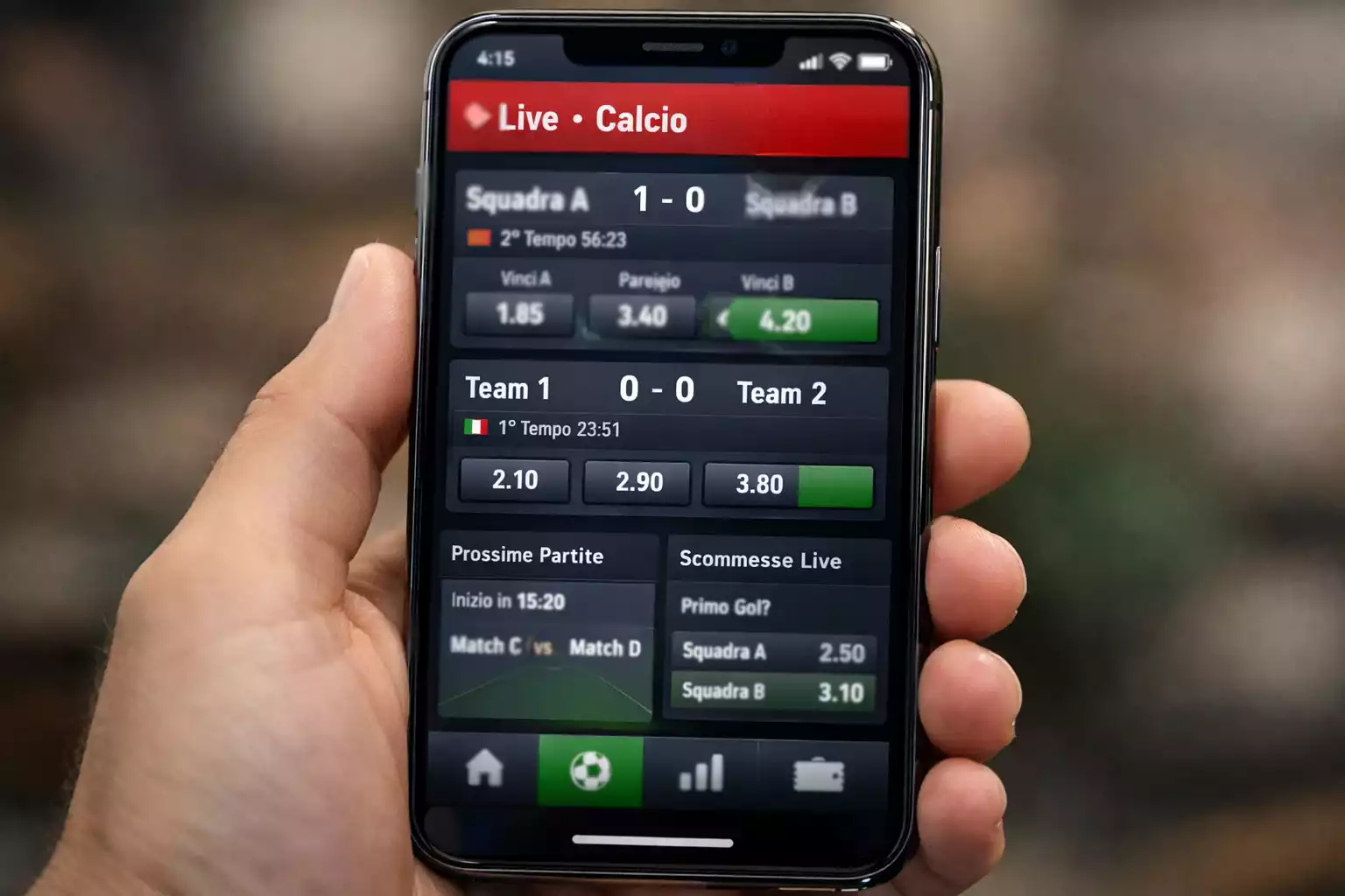 Mano tiene smartphone con interfaccia di scommesse durante una partita