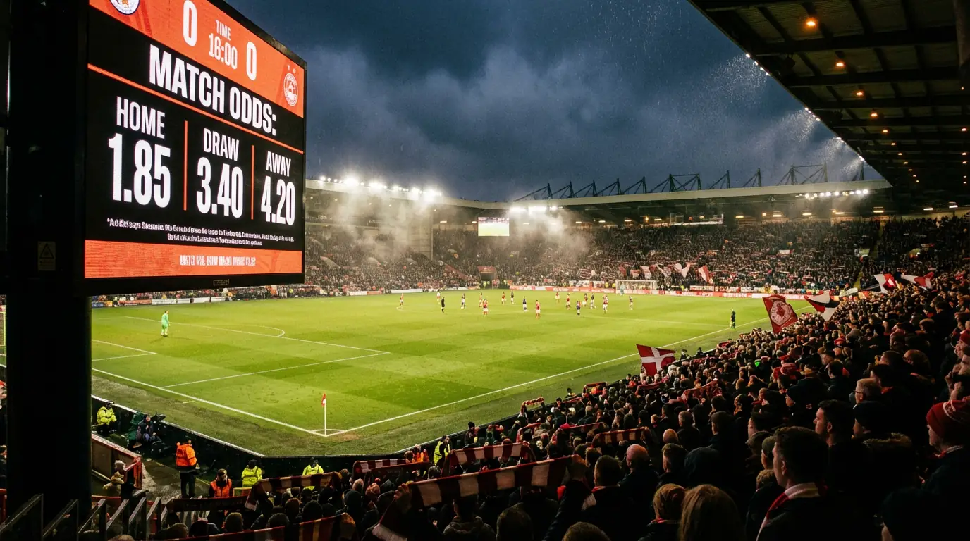 Tabellone luminoso con quote 1X2 in uno stadio di calcio durante una partita serale