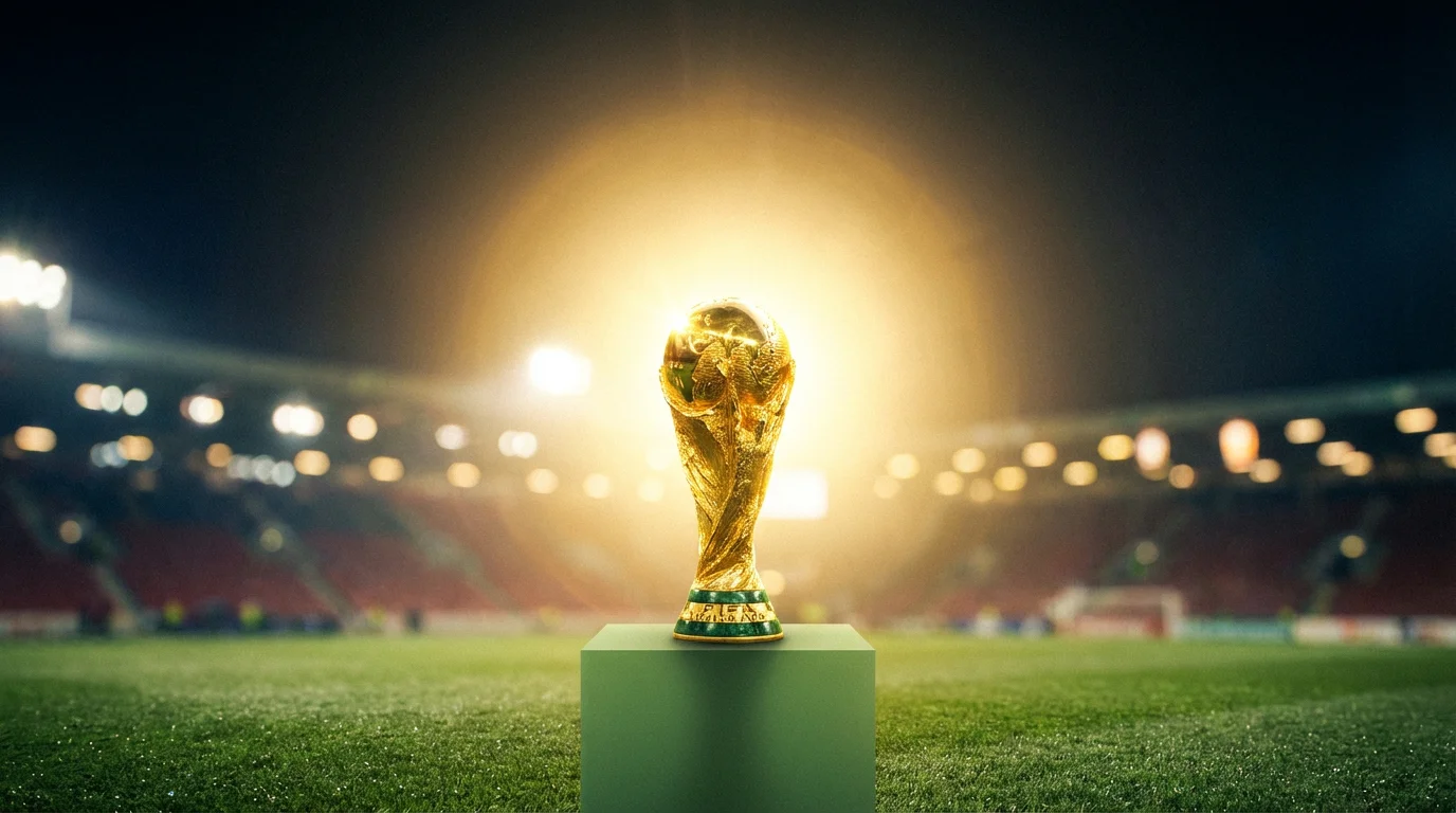 Trofeo dorato su un piedistallo verde con luci di stadio sullo sfondo