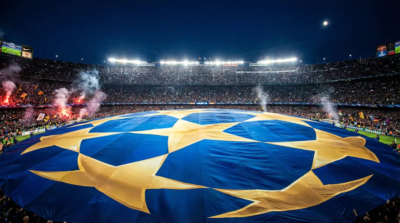 Bandiera della Champions League con stelle dorate su sfondo blu in uno stadio notturno