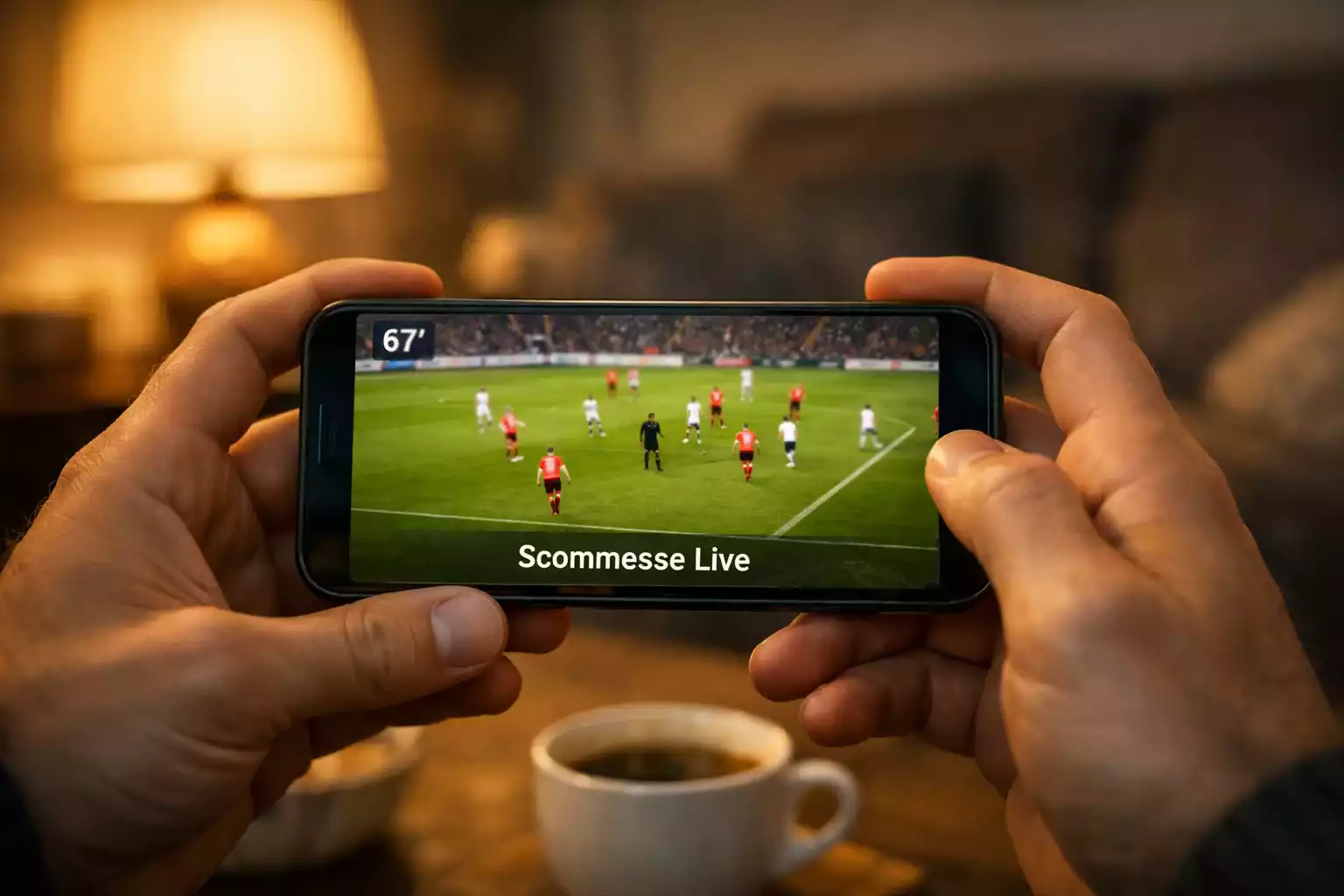 Persona che segue una partita di calcio in diretta su smartphone