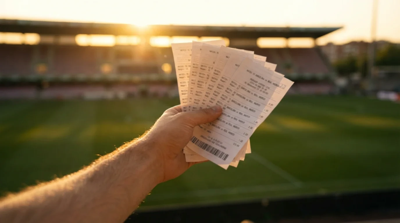 Mano che tiene diverse schedine di scommesse sportive davanti a uno stadio di calcio