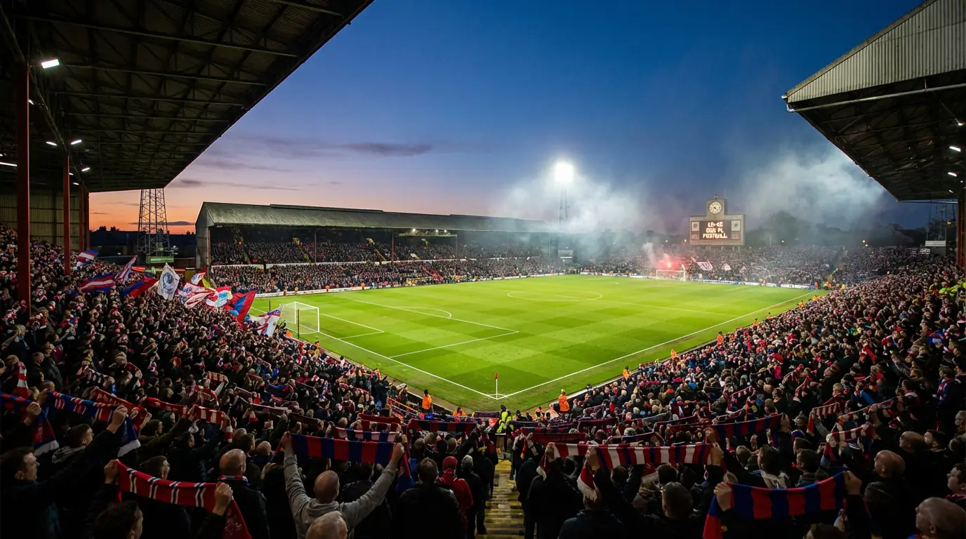 Stadio inglese di Premier League con tribuna piena e campo verde brillante sotto i riflettori