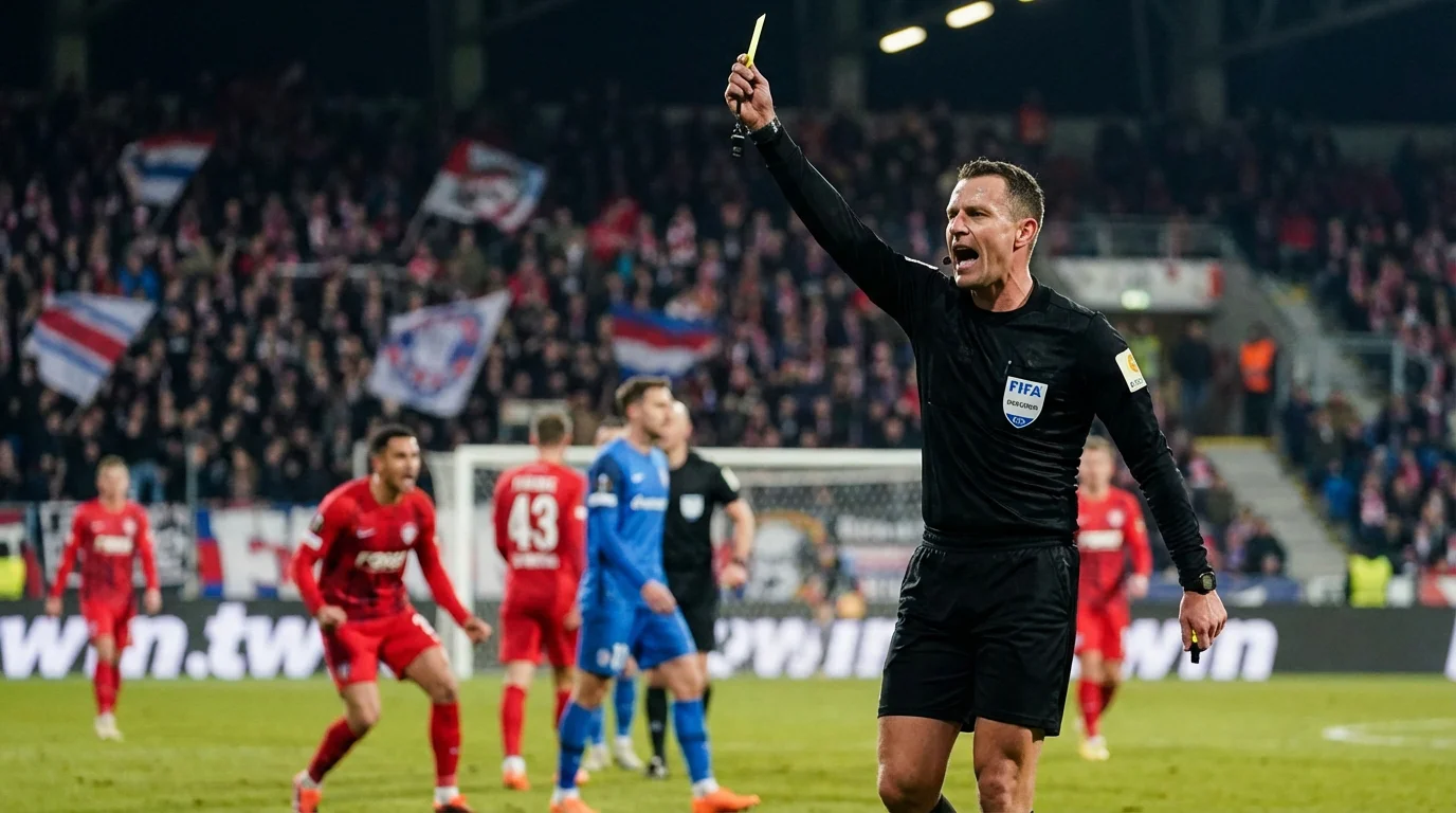 Arbitro di calcio che mostra un cartellino giallo durante una partita su campo in erba