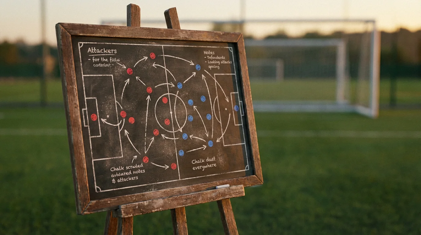 Lavagna tattica da calcio con schema di gioco disegnato con gessetti colorati