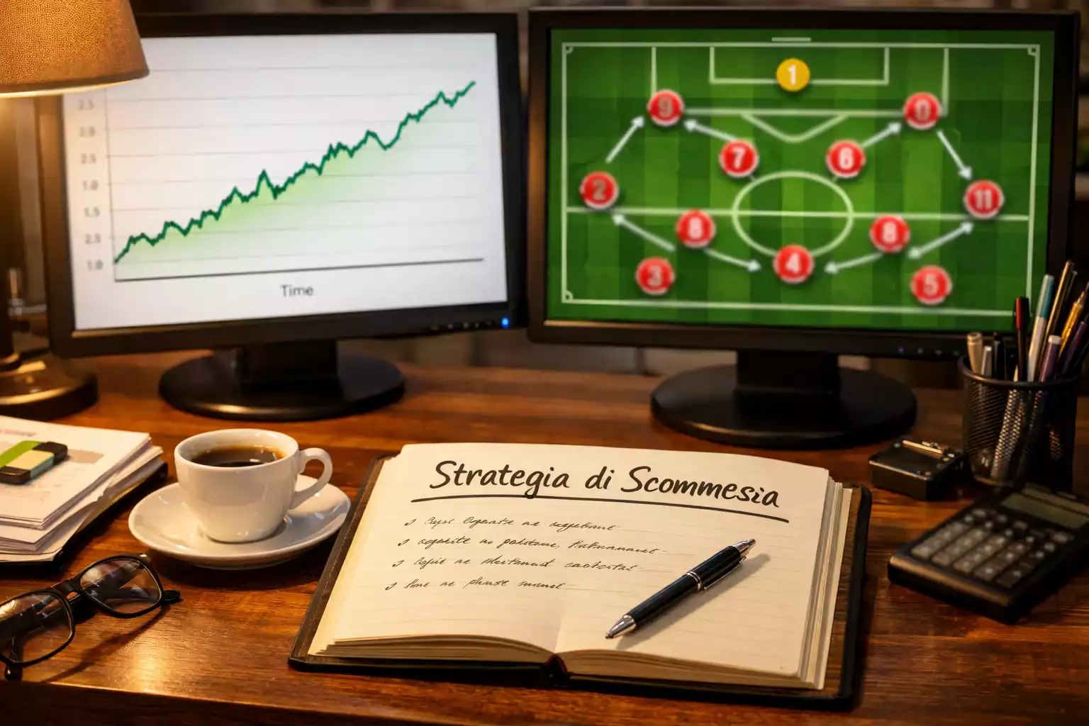 Analista che studia statistiche di calcio su monitor con appunti e penna