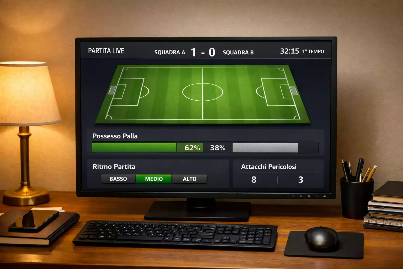 Monitor con statistiche e grafici di una partita di calcio