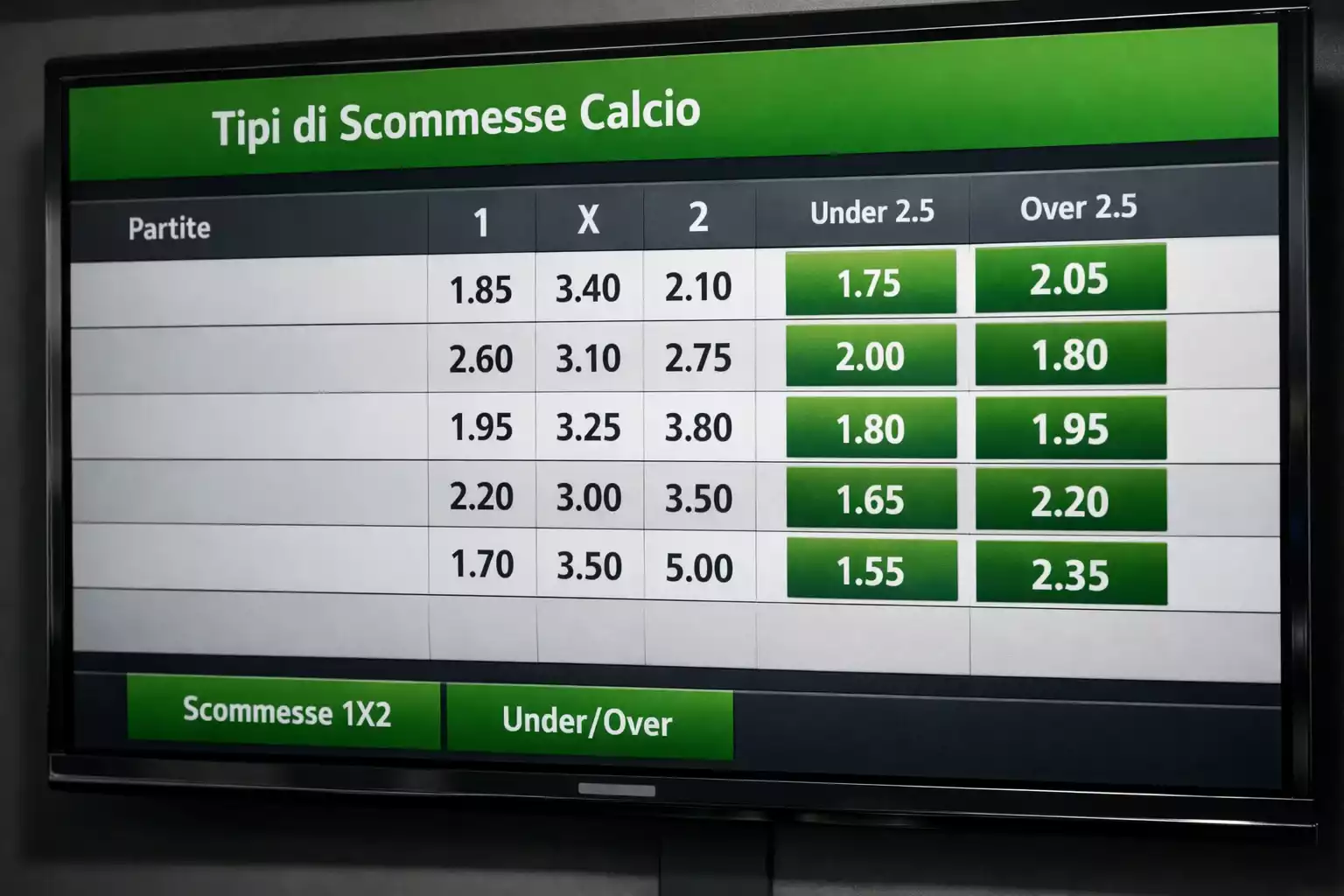 Schermo con quote e mercati di scommesse calcistiche 1X2 e Under Over
