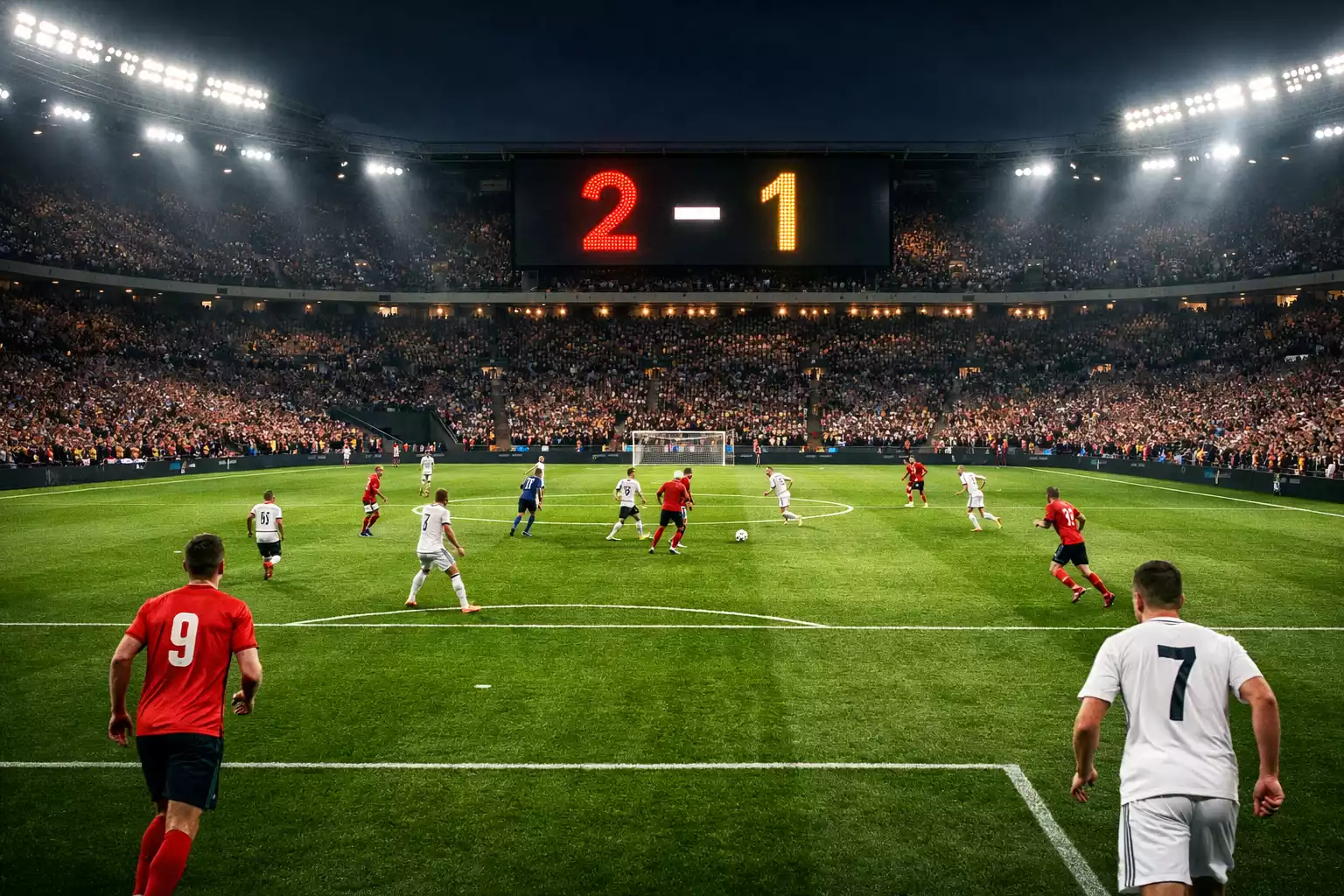 Stadio di calcio durante una partita con tabellone dei gol visibile
